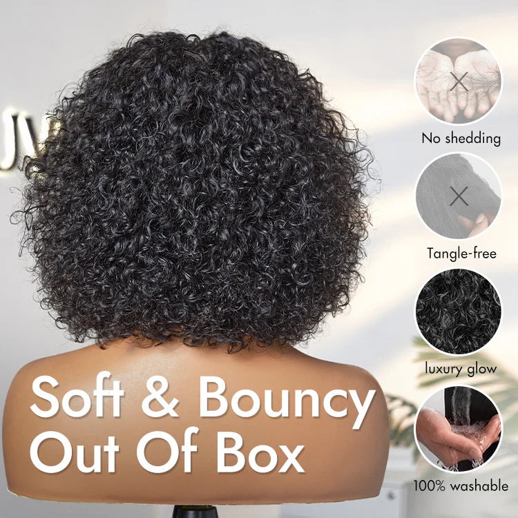 New Customers Only | Beginner Friendly Water Wave Minimalist Lace Glueless Short Curly Wig with Bangs - Image 11