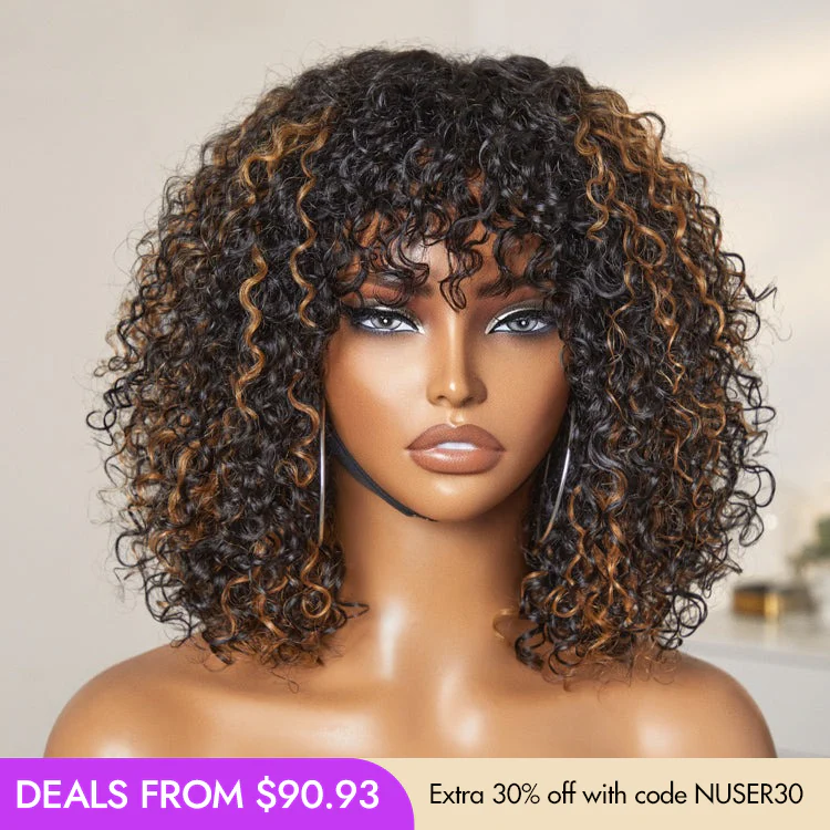 New Customers Only | Beginner Friendly Water Wave Minimalist Lace Glueless Short Curly Wig with Bangs - Image 12