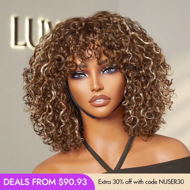 New Customers Only | Beginner Friendly Water Wave Minimalist Lace Glueless Short Curly Wig with Bangs - Image 16