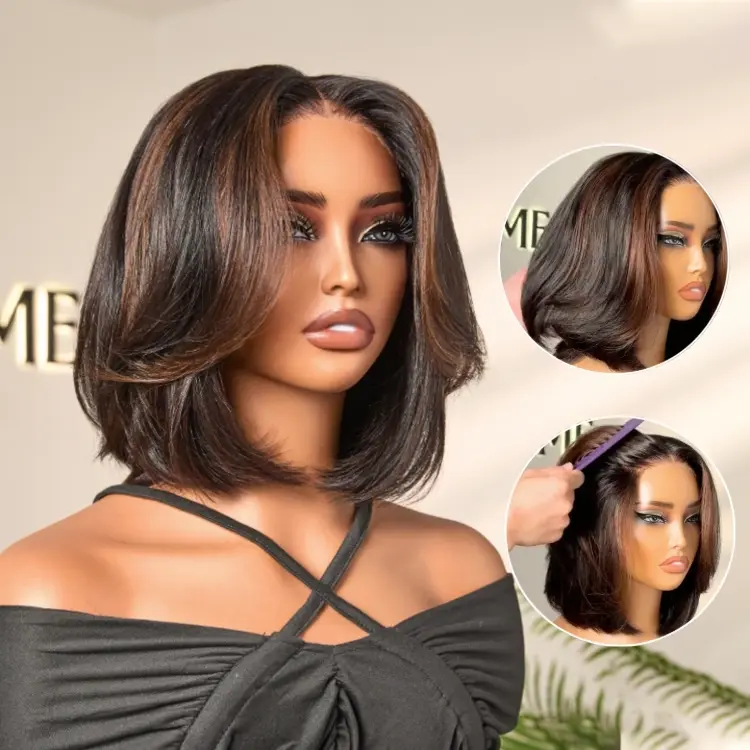 New Customers Only | Blonde Highlight / Brown Highlight Short Layered Bob Wig Glueless 5x5 Closure Pre-Cut Lace Wig - Image 13