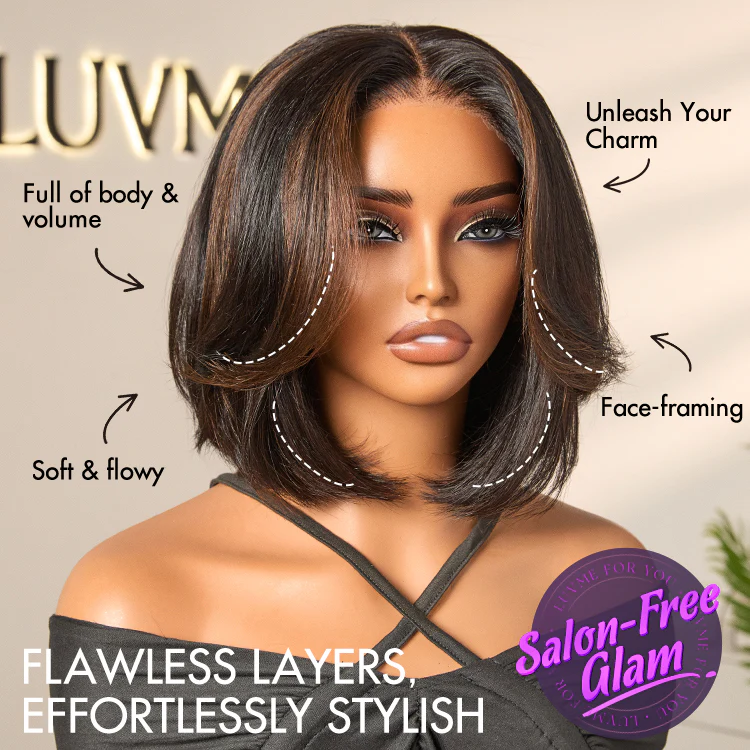 New Customers Only | Blonde Highlight / Brown Highlight Short Layered Bob Wig Glueless 5x5 Closure Pre-Cut Lace Wig - Image 15