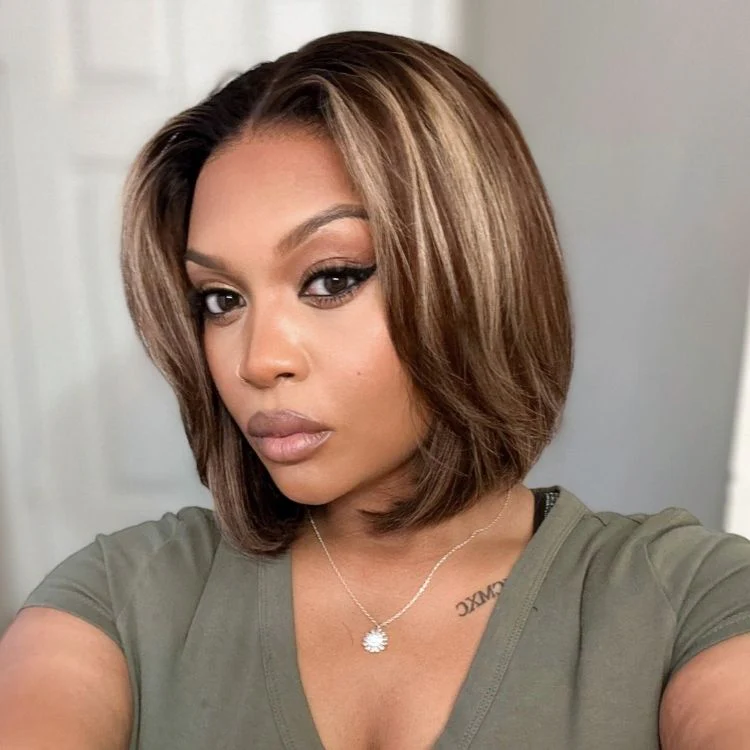New Customers Only | Blonde Highlight / Brown Highlight Short Layered Bob Wig Glueless 5x5 Closure Pre-Cut Lace Wig - Image 6