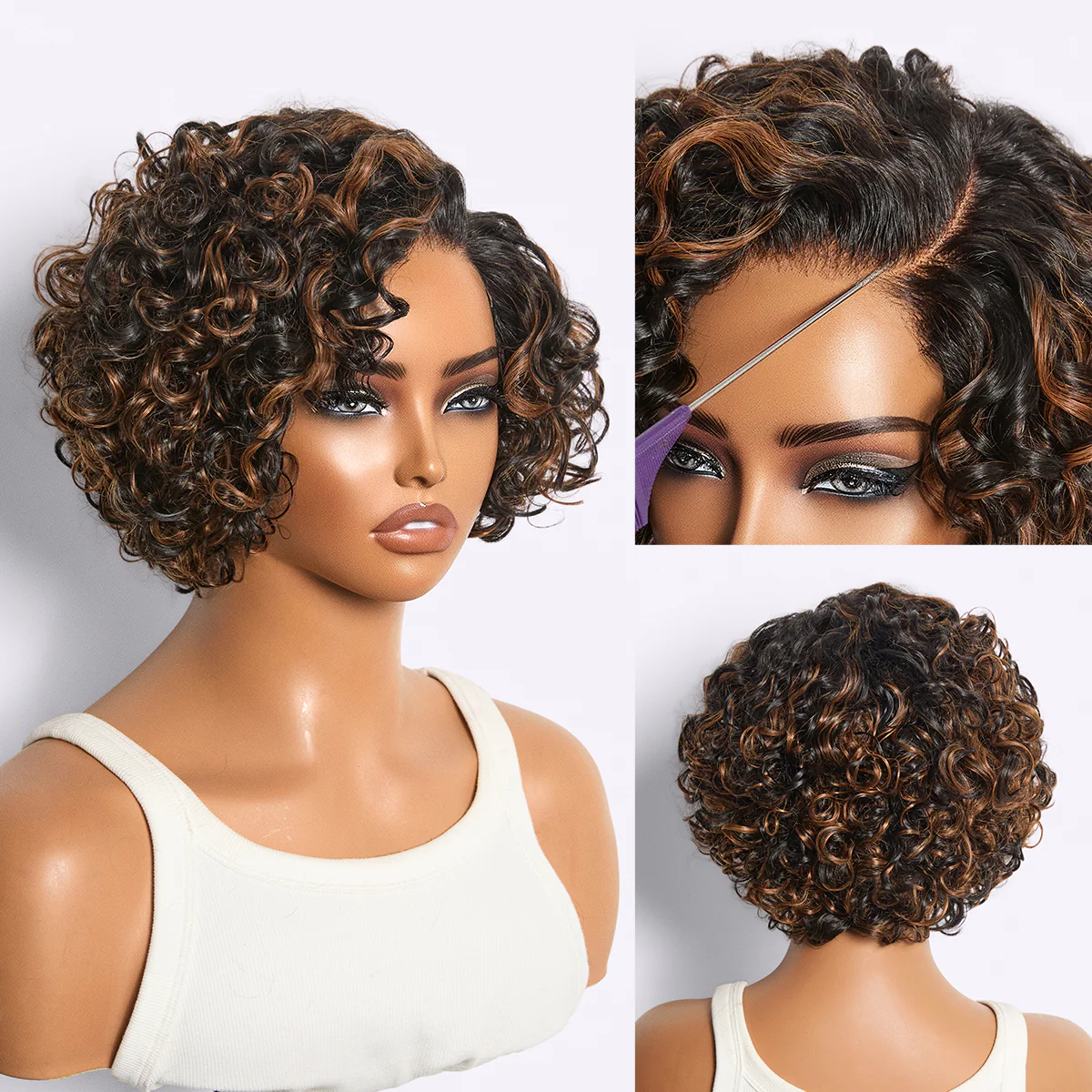 New Customers Only | Brown Highlight / Natural Black Water Wave Pixie Cut Glueless Minimalist HD Lace Short Curly Wig