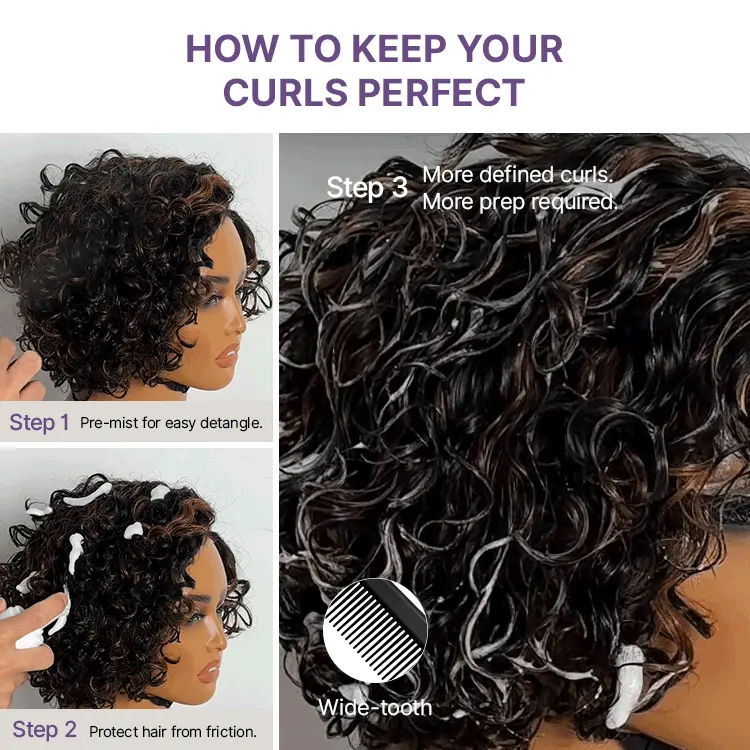 New Customers Only | Brown Highlight / Natural Black Water Wave Pixie Cut Glueless Minimalist HD Lace Short Curly Wig - Image 6