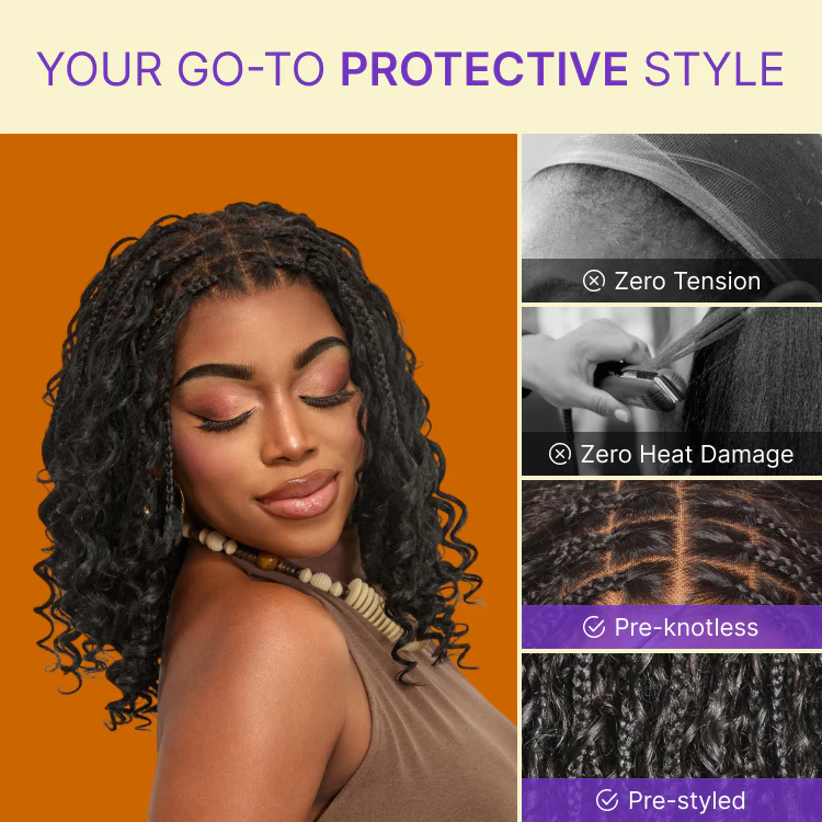 New Customers Only | HD Full Lace Knotless Boho Curls Braided Bob Wig Flexi Fit Invisi Drawstring Cap - Image 5