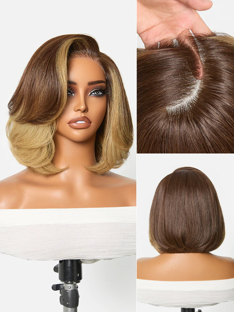 New Customers Only | Honey Blonde Face-Framing Highlights Blow Out Layered Cut Glueless 5x5 Closure Lace Bob Wig Pre-cut Lace - Image 3