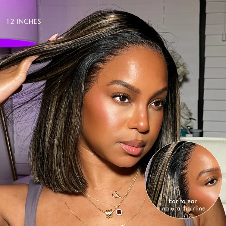 New Customers Only | PreMax Wigs - Natural Black / Blonde Highlight C Part Glueless Lace Front Bob Wig - Image 9