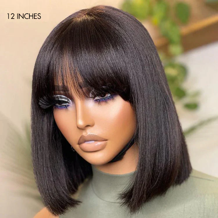 New Customers Only | Put On and Go Realistic Glueless Yaki Straight Bob with Bangs Minimalist Lace Wig 100% Human Hair - Image 4