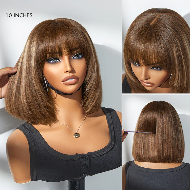 New Customers Only | Put On and Go Ash Blonde Highlight / Brown Highlight / Natural Black Layered Cut Yaki Straight Minimalist Lace Bob Wig - Image 10