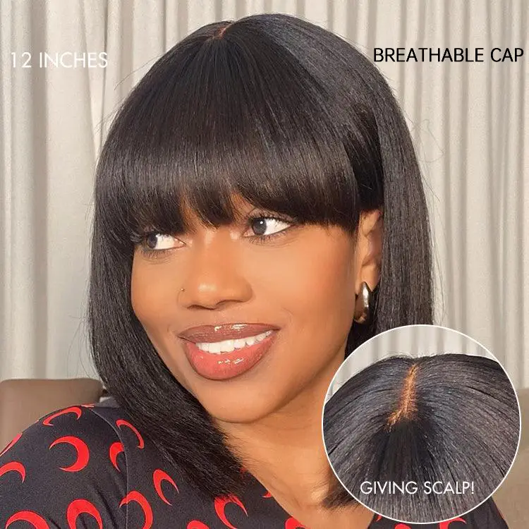 New Customers Only | Put On and Go Ash Blonde Highlight / Brown Highlight / Natural Black Layered Cut Yaki Straight Minimalist Lace Bob Wig - Image 16