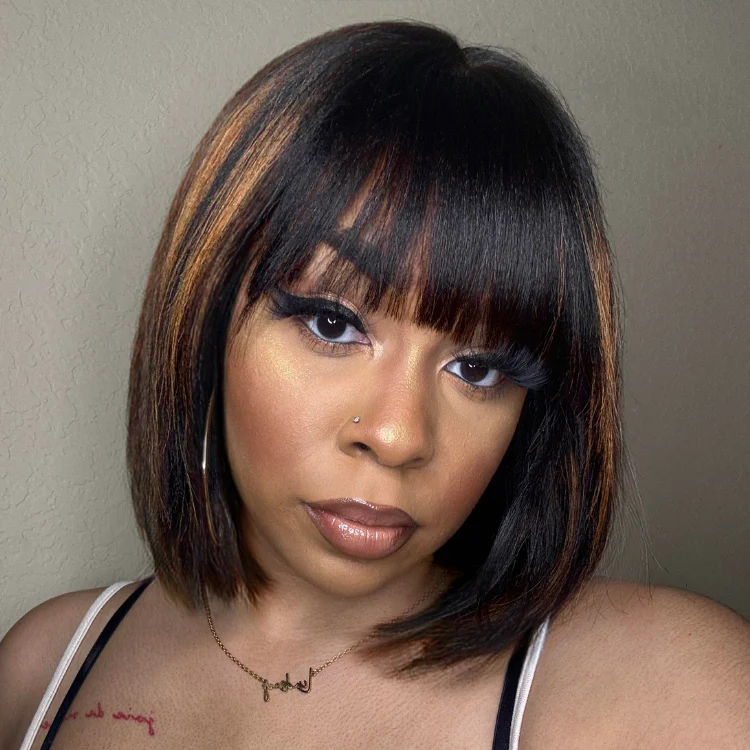 New Customers Only | Put On and Go Ash Blonde Highlight / Brown Highlight / Natural Black Layered Cut Yaki Straight Minimalist Lace Bob Wig - Image 18