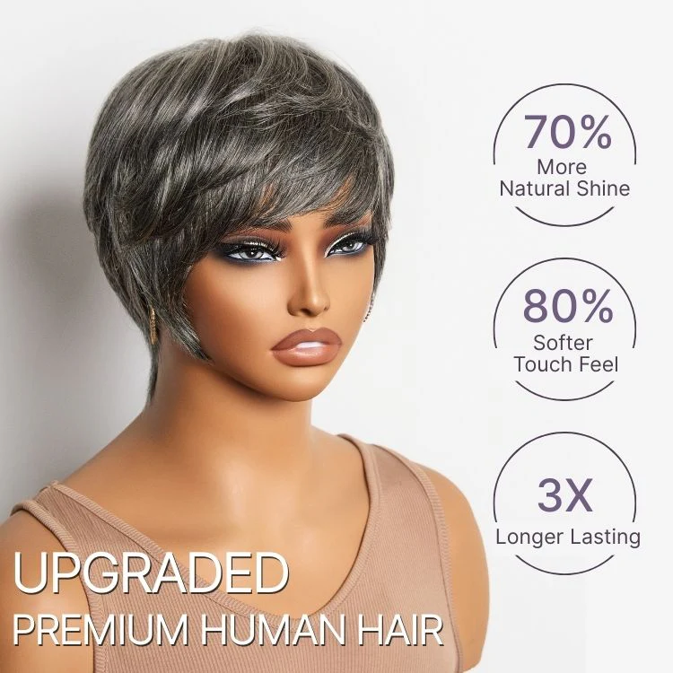 New Customers Only | Throw On & Go Salt & Pepper Short Pixie Cut Glueless Wig with Bangs 100% Human Hair Ultra Comfort Cotton Cap Hair Loss Friendly - Image 2
