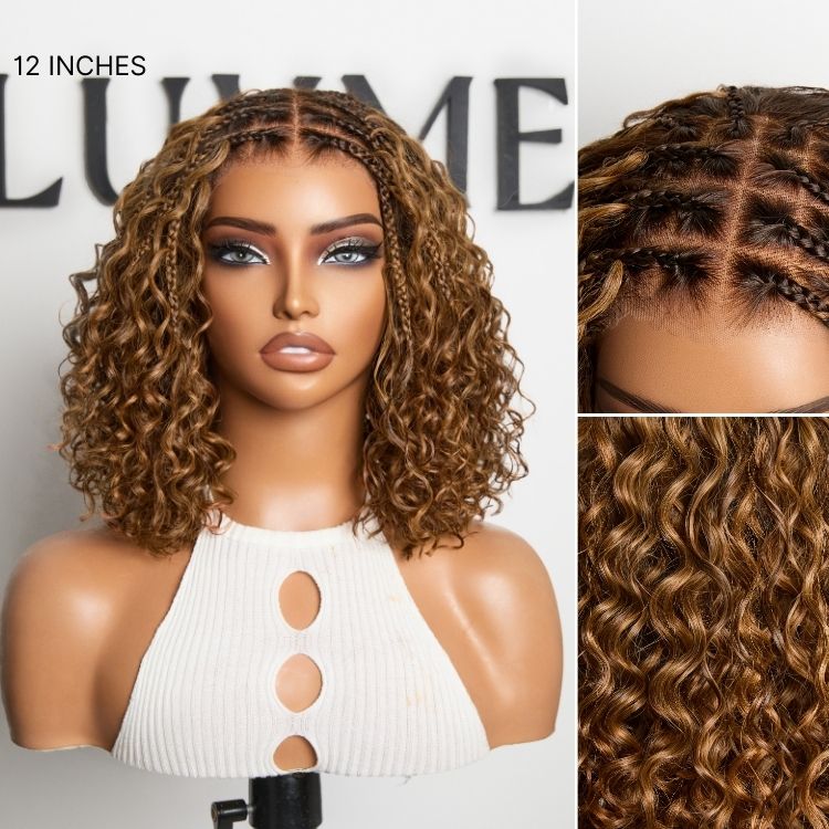 Readitress™ Ombre Brown Highlight Boho Braids Deep Curly Glueless 5x5 Closure Lace with Braided Top Human Hair Wig Pre-Cut Lace - Image 3