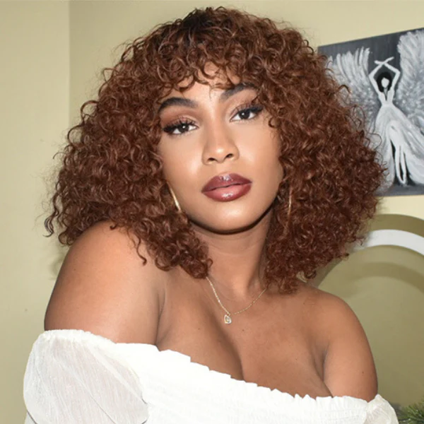 Glueless Ombre Brown Summer Hair Deep Wave Wig With Cute Bangs 100% Human Hair - US Only - Image 2