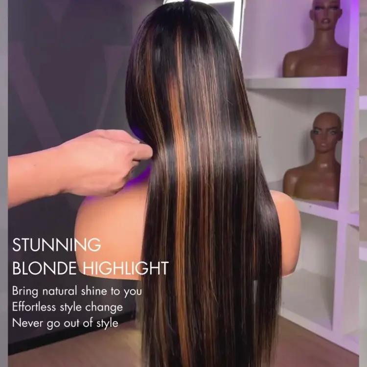 PreMax Wigs | Ultra Natural Hairline Brown Highlight Silky Straight Glueless 13x4 Frontal Lace Long Wig Pre-Cut Lace - Image 2