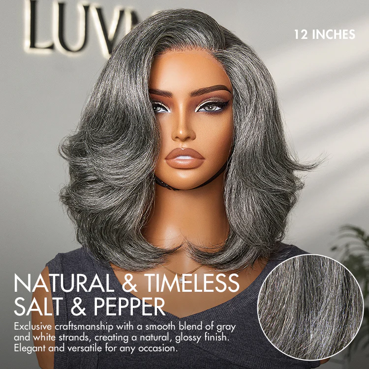 Put On and Go Salt and Pepper Layered Bob Glueless Pre-Cut Minimalist Lace Grey Wig - Image 2