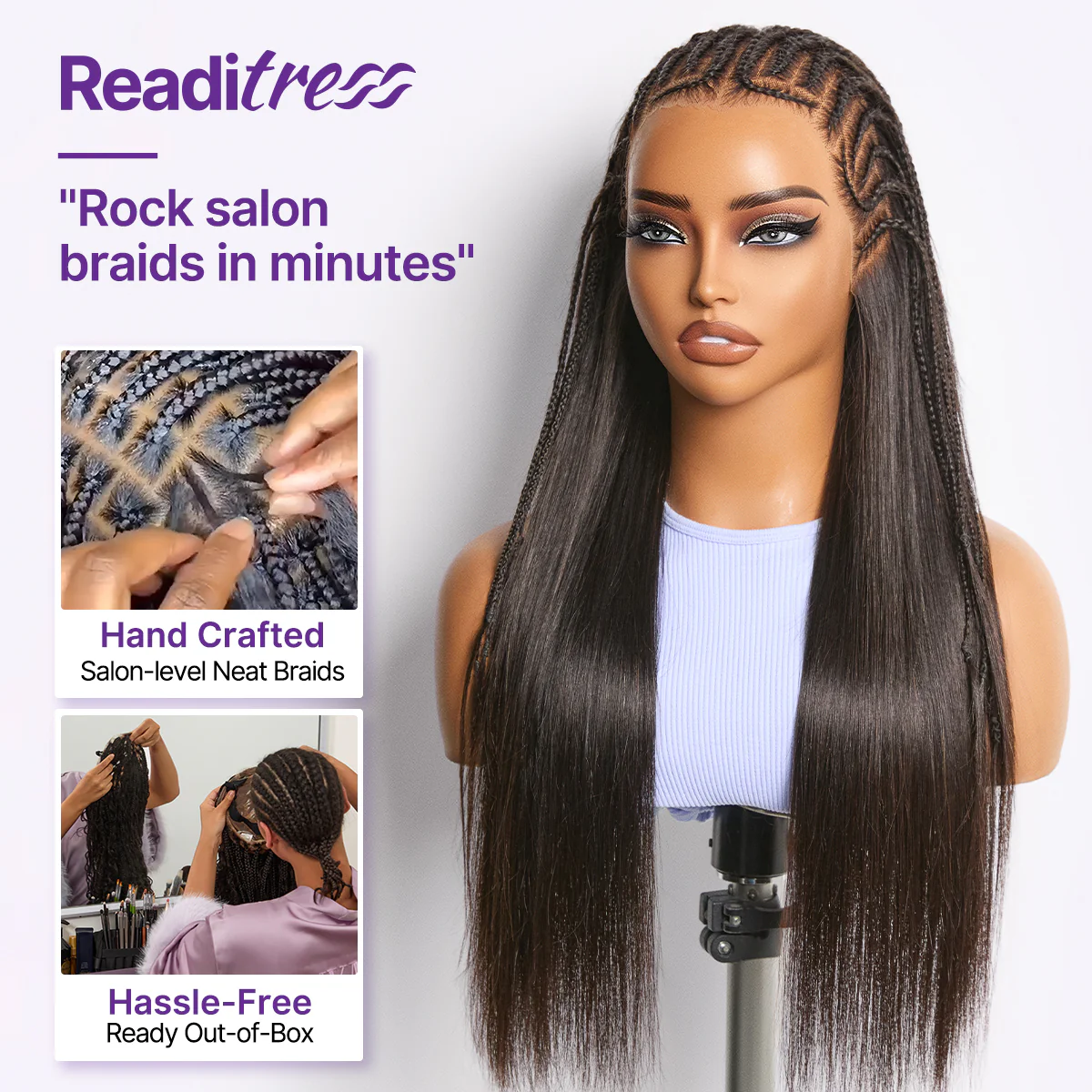 Readitress™ 180% Density Pre-Braided Silky Straight Human Hair Glueless Ear-to-Ear 13x4 Frontal Lace Wig Pre-Cut Lace - Image 5
