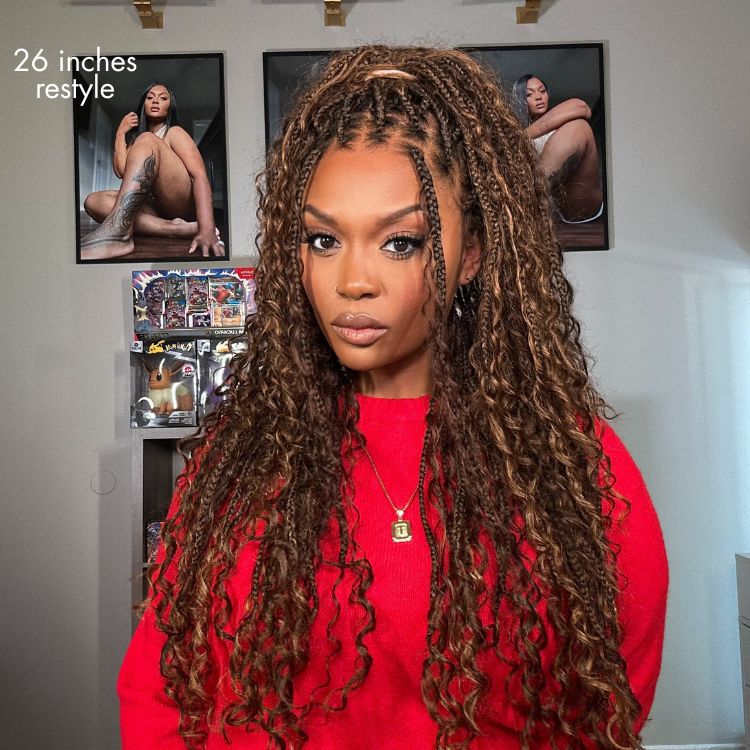 OwnScalp™ Mix Blonde / Natural Black Light Weight Flexi-Fit Invisi Drawstring Cap HD Full Lace Knotless Boho Curls Braided Long Wig Super Natural Scalp - US Only - Image 3