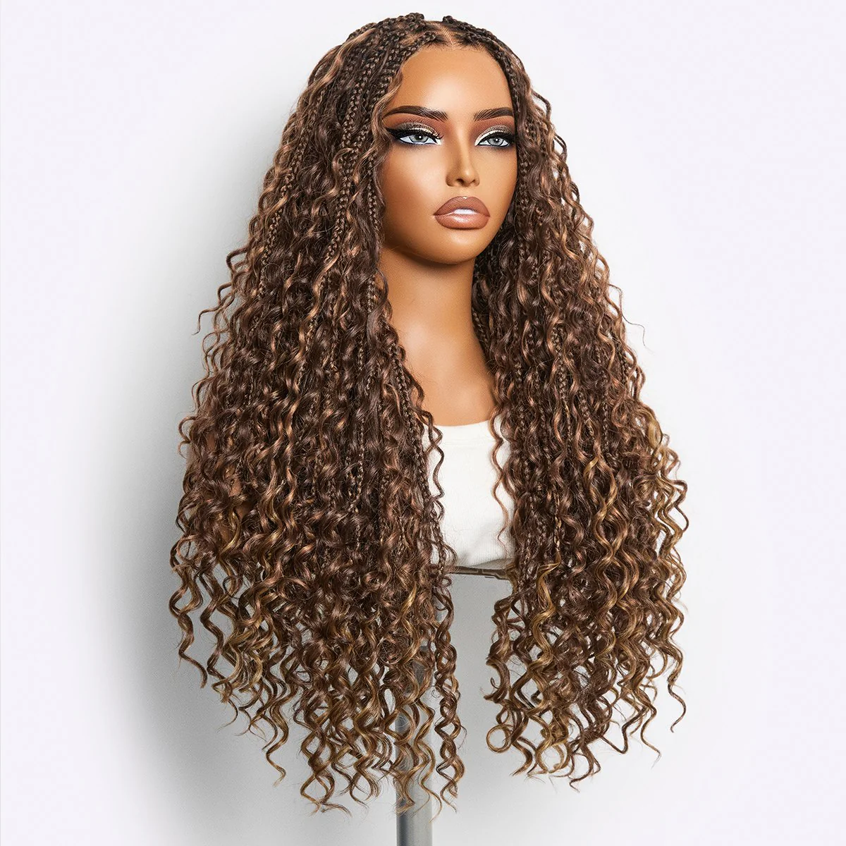 OwnScalp™ Mix Blonde / Natural Black Light Weight Flexi-Fit Invisi Drawstring Cap HD Full Lace Knotless Boho Curls Braided Long Wig Super Natural Scalp - US Only - Image 5