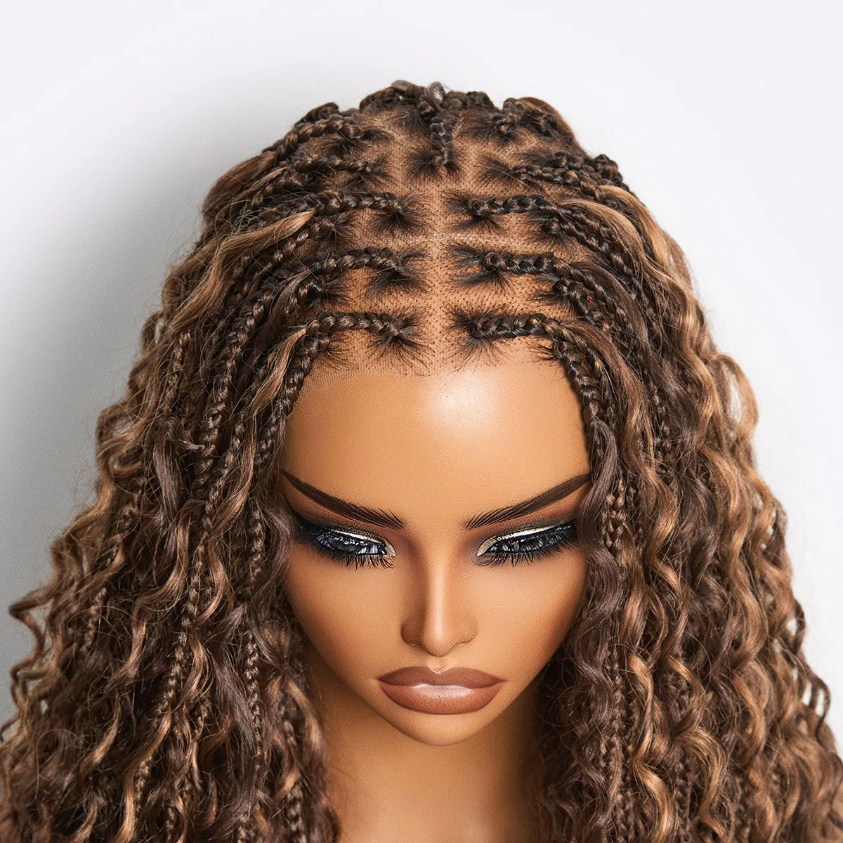 OwnScalp™ Mix Blonde / Natural Black Light Weight Flexi-Fit Invisi Drawstring Cap HD Full Lace Knotless Boho Curls Braided Long Wig Super Natural Scalp - US Only - Image 7