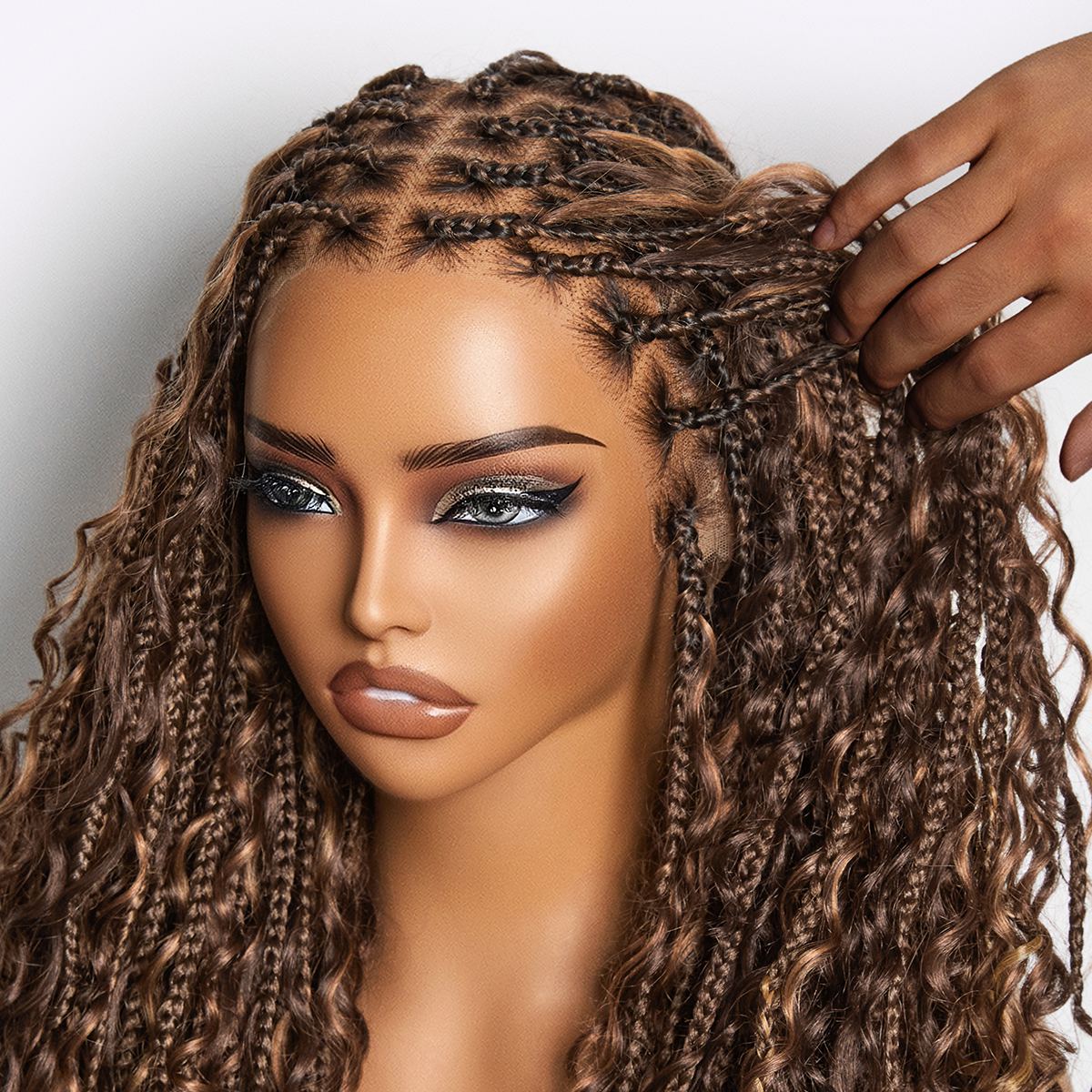 OwnScalp™ Mix Blonde / Natural Black Light Weight Flexi-Fit Invisi Drawstring Cap HD Full Lace Knotless Boho Curls Braided Long Wig Super Natural Scalp - US Only - Image 8