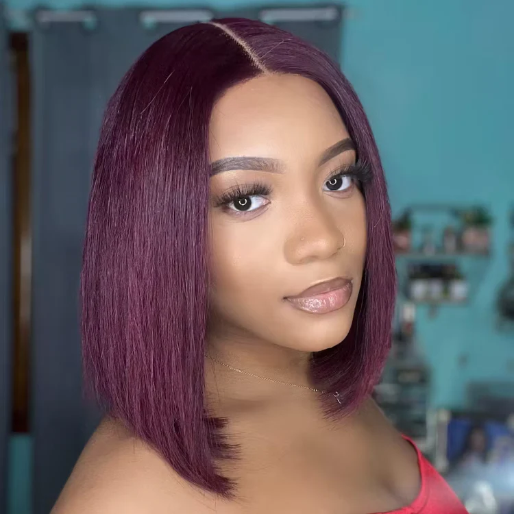 Reddish Purple Glueless Blunt Cut Bob 5x5 Closure Wig 100% Human Hair | Easy Install & Effortless - Image 3