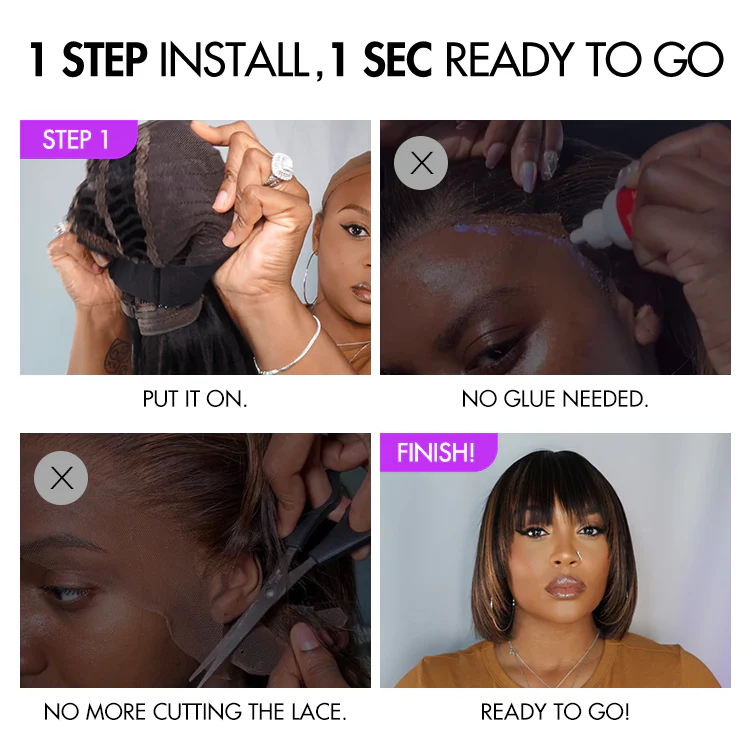Put On and Go Ash Blonde Highlight / Brown Highlight / Natural Black Layered Cut Yaki Straight Minimalist Lace Bob Wig - Image 11