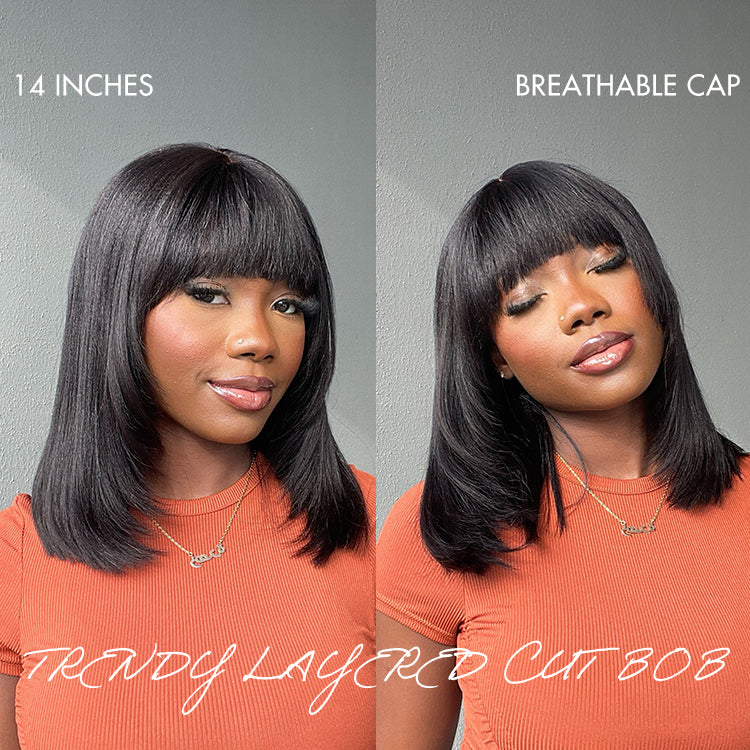 Put On and Go Ash Blonde Highlight / Brown Highlight / Natural Black Layered Cut Yaki Straight Minimalist Lace Bob Wig - Image 17