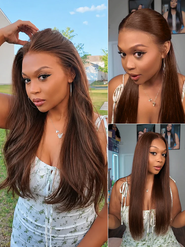 Rich Chocolate Brown Silky Straight 180% Density Glueless 13x4 Lace Frontal Wig Pre-Cut Lace - Image 10
