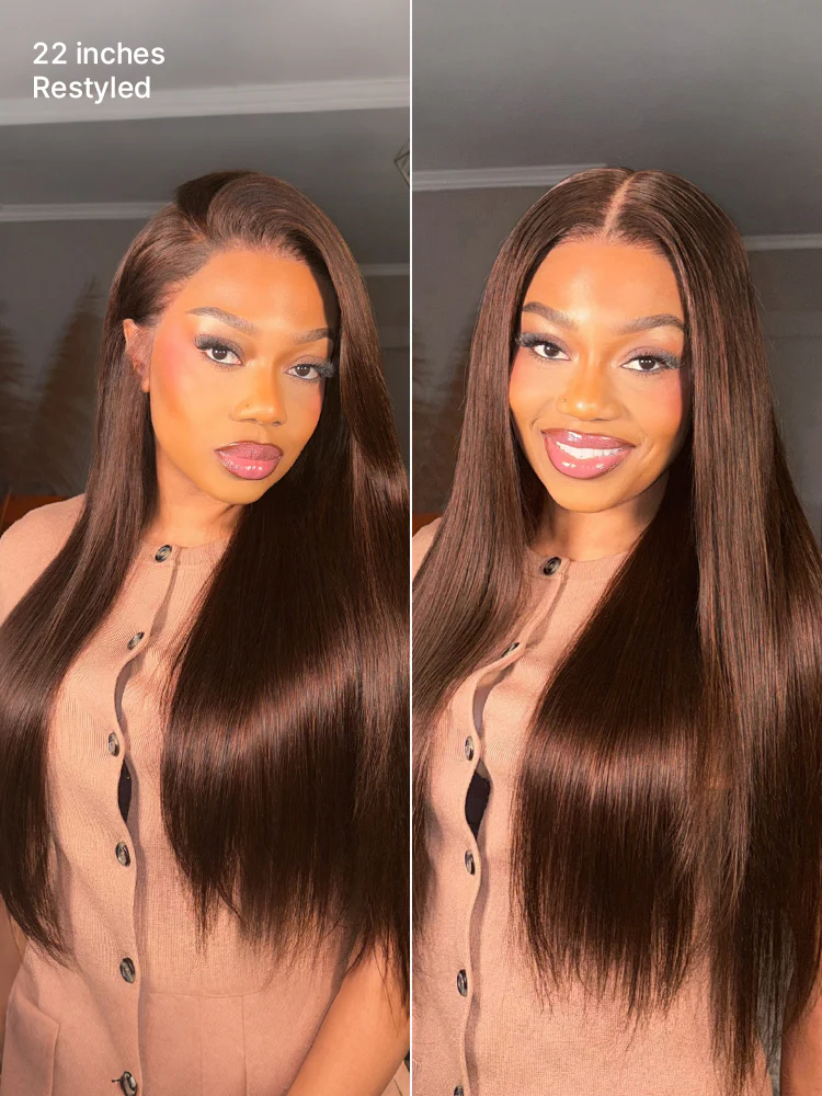 Rich Chocolate Brown Silky Straight 180% Density Glueless 13x4 Lace Frontal Wig Pre-Cut Lace - Image 3