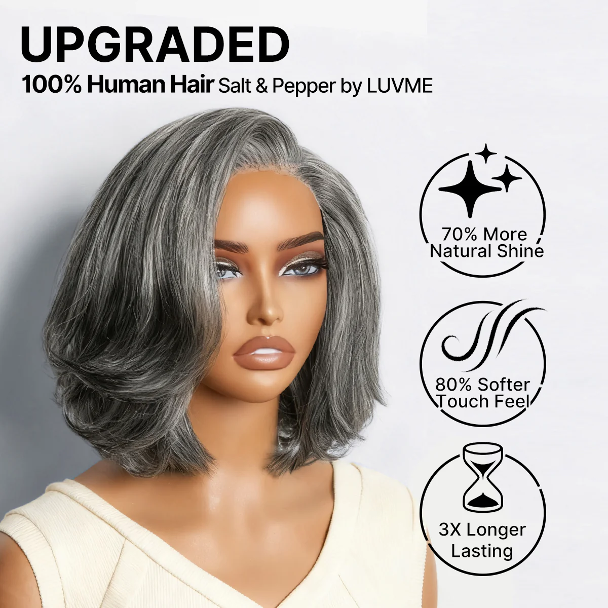 Salt & Pepper 100% Human Hair Layered Bob Wig Glueless Minimalist Lace Grey Wig Pre-Cut Lace - Image 2