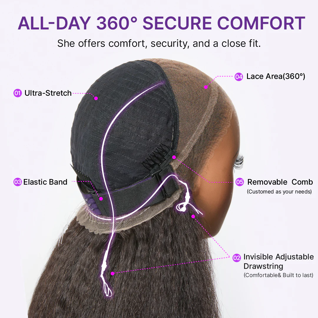 22 Inches | MyOwn-Fit 360 HD Lace Kinky Straight Wig Flexi-Fit Invisi Drawstring Cap & Pre-Cut Lace - Image 6