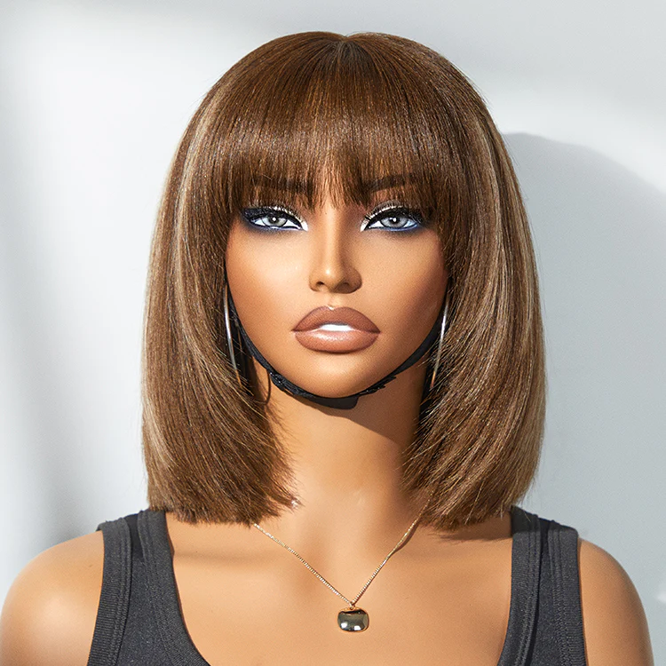 Special Offer | Put On and Go Brown Highlight / Natural Black Layered Cut Yaki Straight Minimalist Lace Bob Wig with Bangs - Image 11