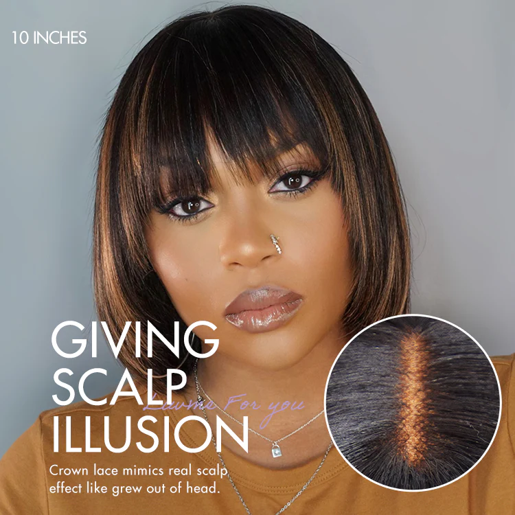 Special Offer | Put On and Go Brown Highlight / Natural Black Layered Cut Yaki Straight Minimalist Lace Bob Wig with Bangs - Image 4