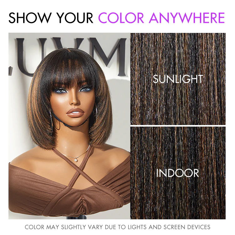 Special Offer | Put On and Go Brown Highlight / Natural Black Layered Cut Yaki Straight Minimalist Lace Bob Wig with Bangs - Image 5