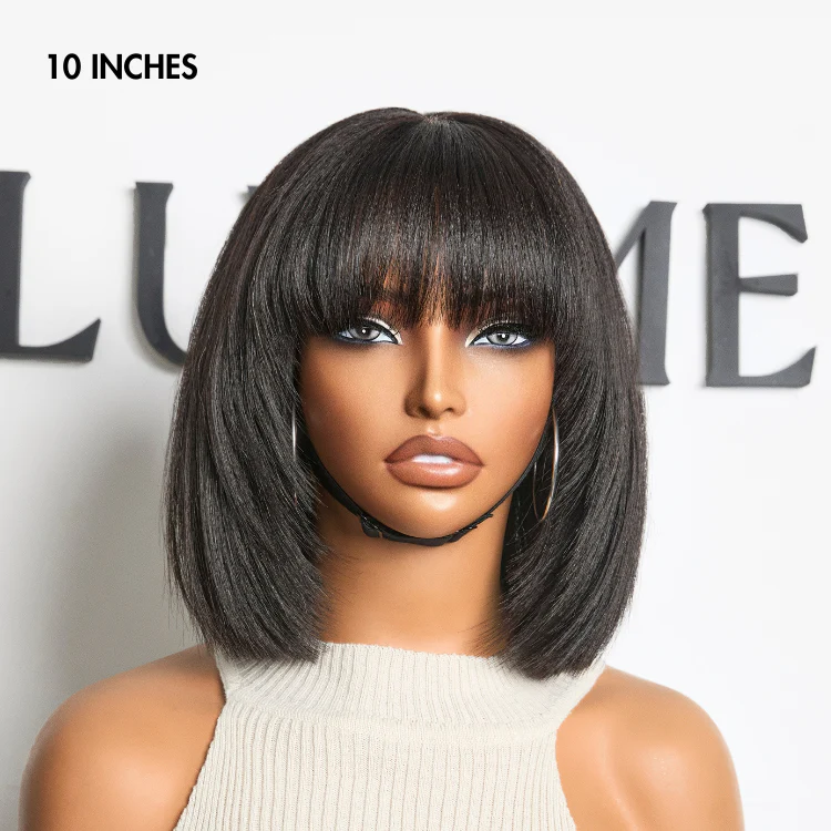 Special Offer | Put On and Go Brown Highlight / Natural Black Layered Cut Yaki Straight Minimalist Lace Bob Wig with Bangs - Image 7