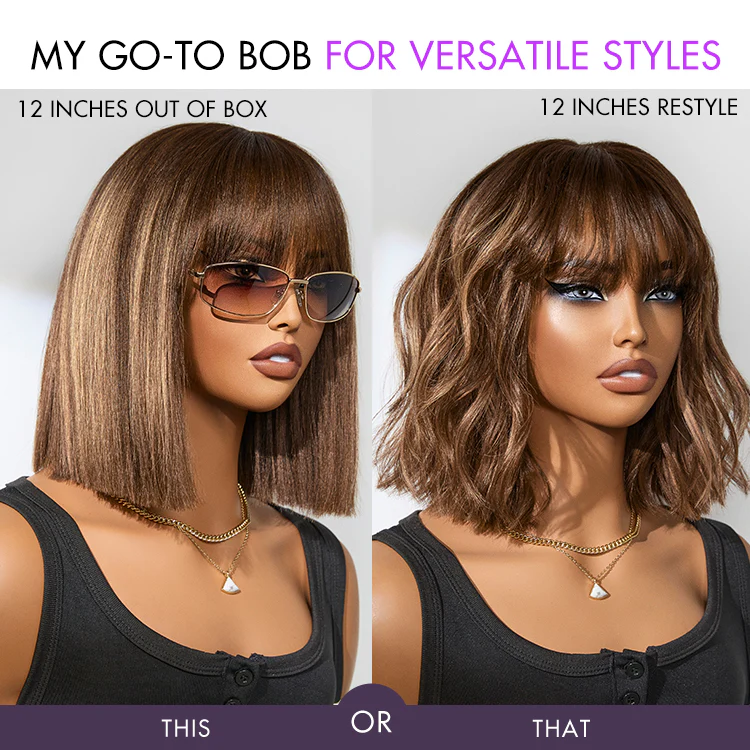 Weekly Special | Put On and Go Realistic Glueless Yaki Straight Bob with Bangs Minimalist Lace Wig 100% Human Hair - Image 10