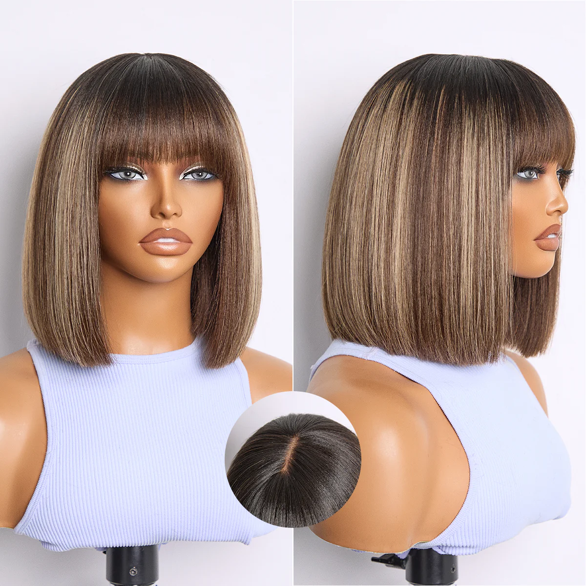 Weekly Special | Put On and Go Realistic Glueless Yaki Straight Bob with Bangs Minimalist Lace Wig 100% Human Hair - Image 12