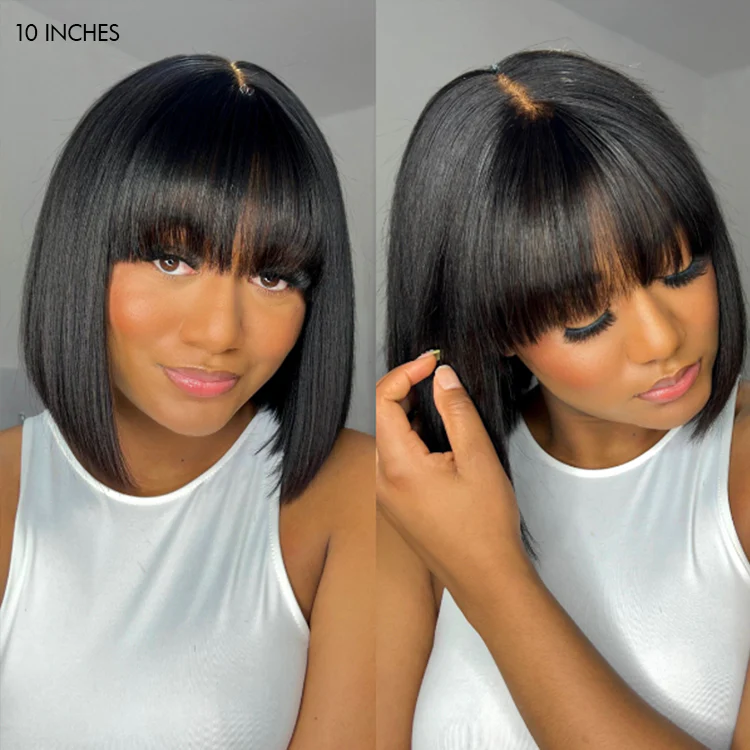 Weekly Special | Put On and Go Realistic Glueless Yaki Straight Bob with Bangs Minimalist Lace Wig 100% Human Hair - Image 2