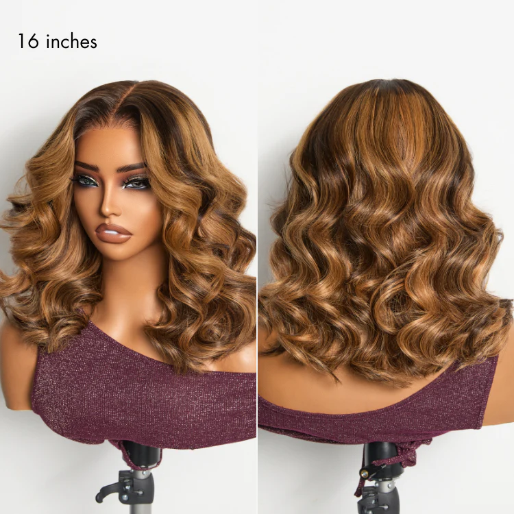Sun-Kissed Warm Tone Brown with Blonde Highlights 180% Density Loose Wave Glueless 5x5 Closure Lace Wig Pre-Cut Lace - Image 4