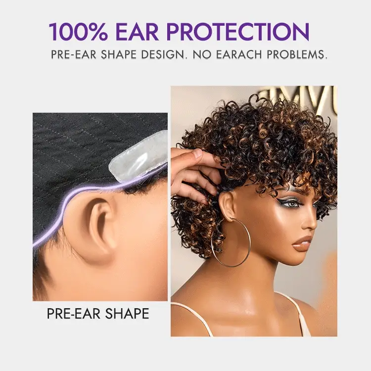 Throw On & Go Brown Highlight Short Curly with Bangs Wig Ultra Comfort Skin-Like Soft Care Glueless Hair Loss Friendly Wig - Image 8