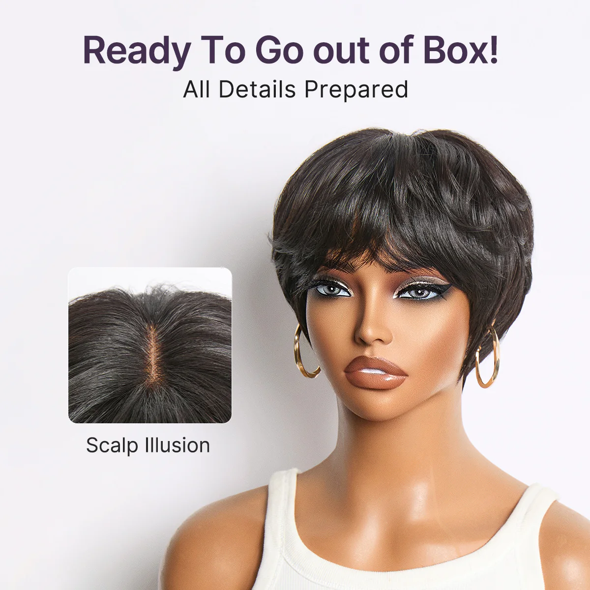 Throw On & Go Natural Black Pixie Cut with Bangs Glueless Minimalist Lace Wig - Image 7