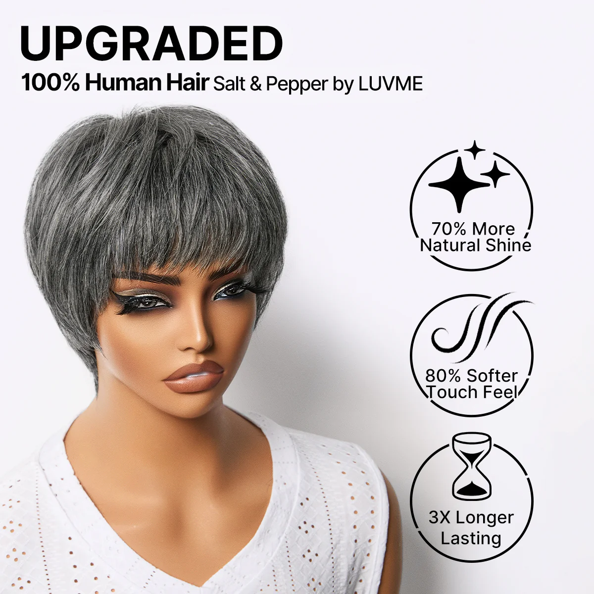 Salt & Pepper 100% Human Hair Short Pixie Cut Glueless Wig with Bangs Ultra Comfort Skin-Like Soft Care Hair Loss Friendly - Image 2