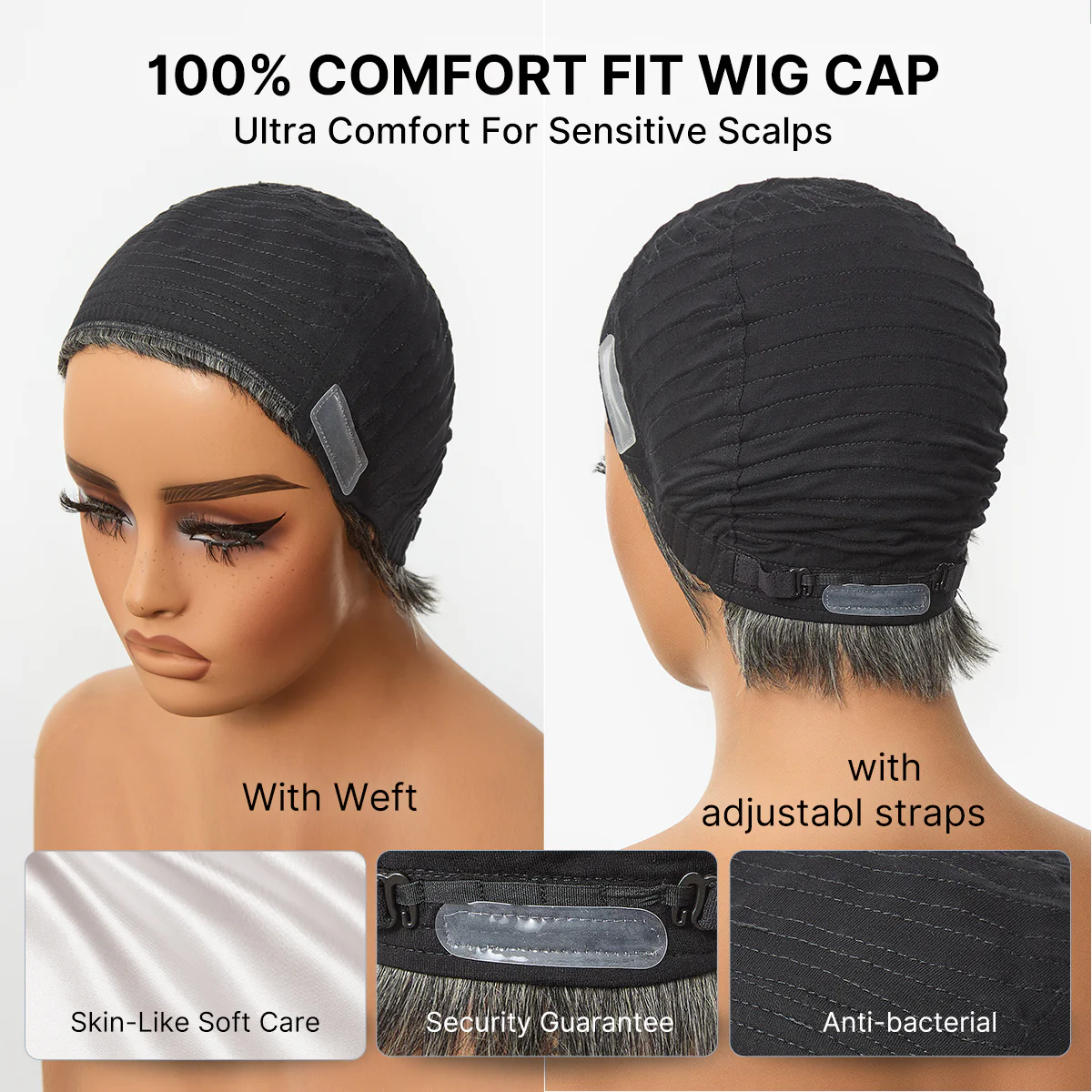 Salt & Pepper 100% Human Hair Short Pixie Cut Glueless Wig with Bangs Ultra Comfort Skin-Like Soft Care Hair Loss Friendly - Image 8