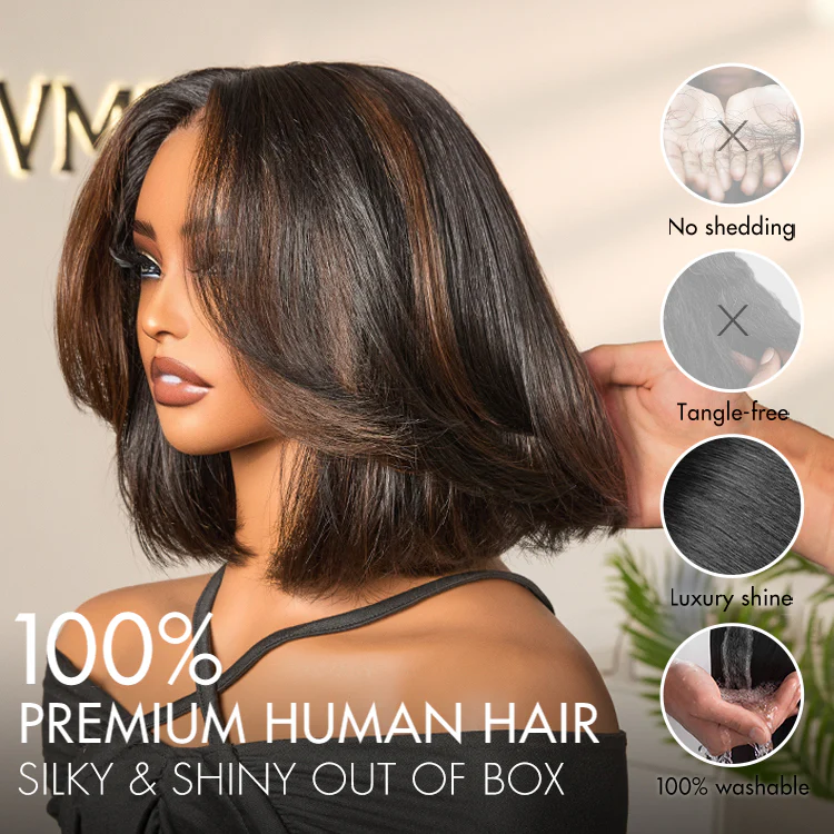 Tiktok Exclusive Deal | Blonde Highlight / Brown Highlight Short Layered Bob Wig Glueless 5x5 Closure Pre-Cut Lace Wig - Image 17