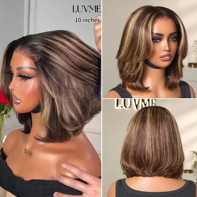 Tiktok Exclusive Deal | Blonde Highlight / Brown Highlight Short Layered Bob Wig Glueless 5x5 Closure Pre-Cut Lace Wig - Image 5