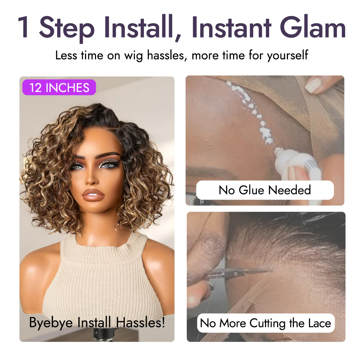 Tiktok Exclusive Deal | Ready to Go Blonde Highlight / Natural Black / Ombre Brown Water Wave Short Curly Bob Wig Glueless Minimalist HD Lace Wig Pre-Cut Lace - Image 13