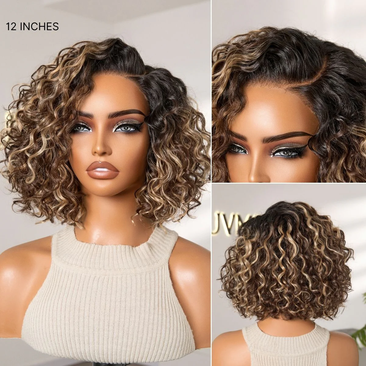 Tiktok Exclusive Deal | Ready to Go Blonde Highlight / Natural Black / Ombre Brown Water Wave Short Curly Bob Wig Glueless Minimalist HD Lace Wig Pre-Cut Lace - Image 14