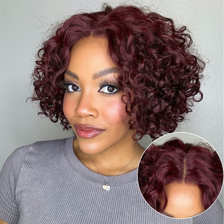 Trendy Burgundy Curly Bob Glueless Minimalist HD Lace T Part 99J Hair Color Wig 100% Human Hair  - US Only - Image 2