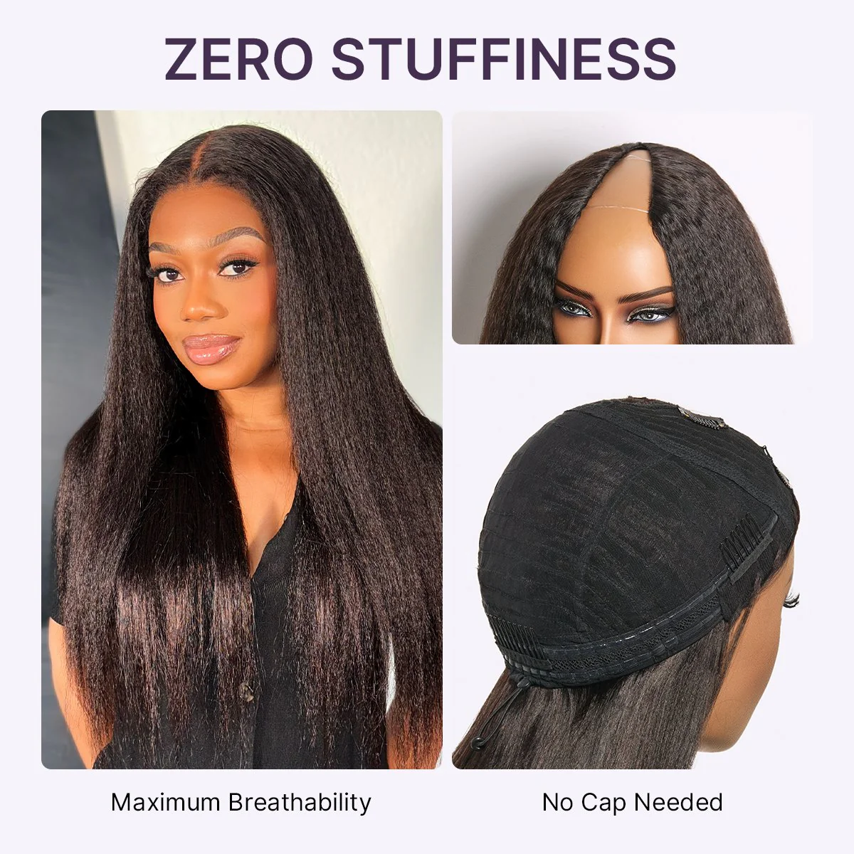 True Scalp Kinky Straight V Part Glueless Human Hair Wig Flexi-Fit Drawstring - Image 6